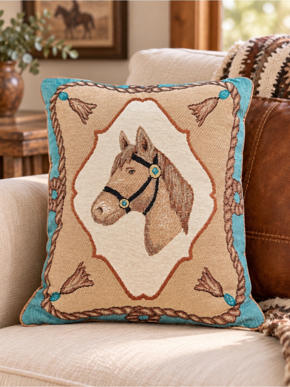 Equestrian Tapestry Horse Head and Cowboy Boots Pillow